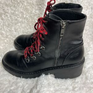 Skechers Combat Boots Black faux leather Memory Foam chunky heels SZ11